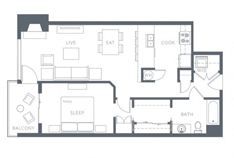 Floor plan for 1 bed, 1 bath, 746 sqft